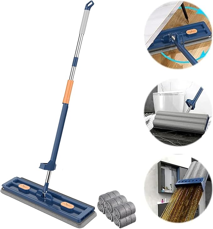 Large Flat Mop with 6 Microfiber Pads Stainless Steel Ergonomic Design Long Handle Drain Scraper 360 Rotation Floor Mop (White 1)