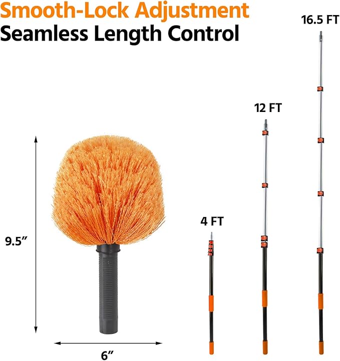 23 ft High Reach Cobweb Duster with Extension Pole Spider Web Brush with Lightweight 5 Stage 4-16.5 ft Telescoping Pole Soft Bristles Dusters for Outdoor Indoor Cleaning