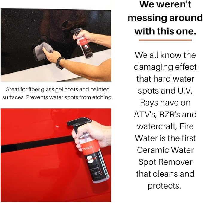 Terragon Fire Water is the first-ever SI02 Infused Water Spot Remover not only does it clean but also protects and leaves behind a brilliant U.V. Inhibitanting SHINE.