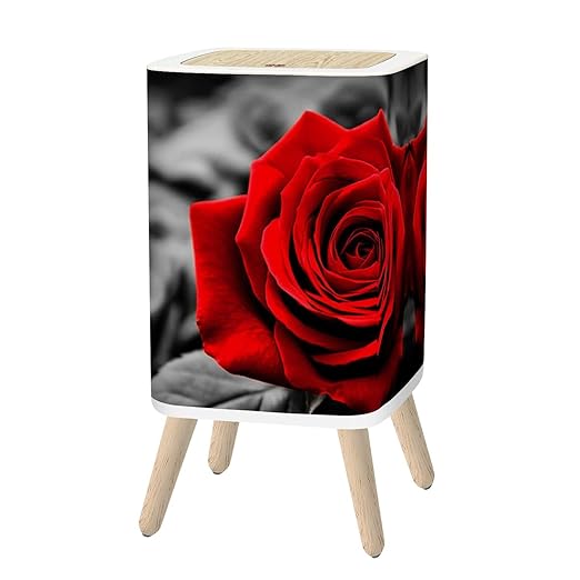 Small Trash Can with Lid Romantic Greeting red Rose Against Black White Roses 2.6 Gallon/10L Garbage Can Waste Bin with Pop-Up Lid Wood Legs Wastebasket for Bathroom Kitchen Bedroom