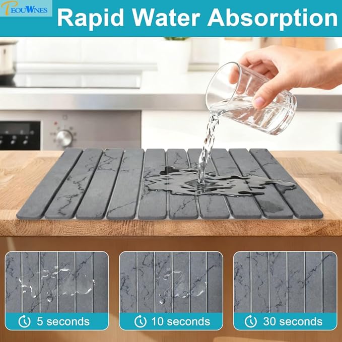 2 PCS Diatomaceous Stone Drying Mat for Kitchen Counter Quick Dry Collapsible Stone Dishes Mats Marbled Absorbent Bath Mat for Countertop Bottles Utensils Cups Dark Gray 24×16 &amp 8x4