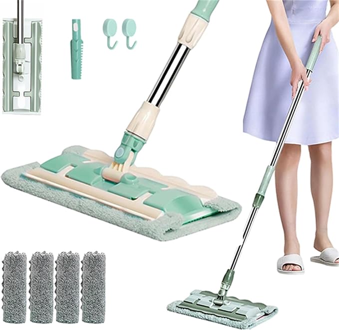 Flat Mop with Stainless Steel Handle Microfiber Floor Mop 15 with 4 Pads Adjustable Handle 360 Rotatable Adjustable Retractable Cleaning Mops (Green)