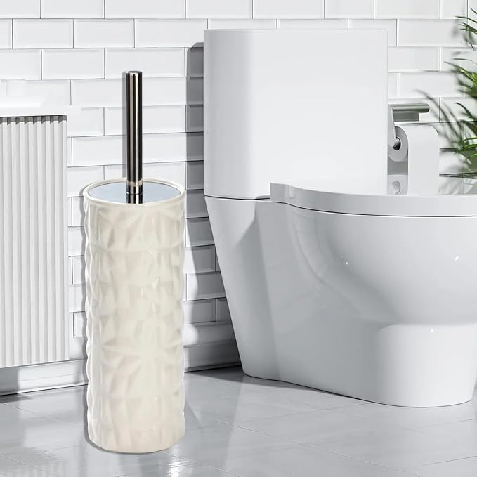 J&ampV TEXTILES Ceramic Toilet Brush Toilet Bowl Brush with Extra Long Handle Durable Bristles Toilet Scrubber and Covered Holder for Toilet Brush Set for Bathroom Cleaning (Chrome/White)