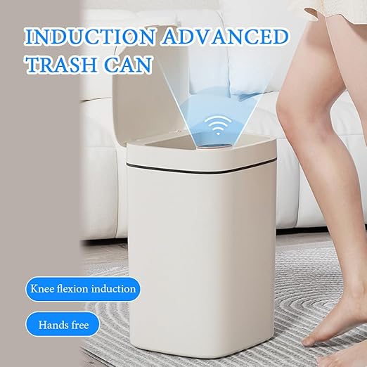 3.7 Gallon Auto-Open Trash Can Touchless Motion Sensor Garbage Bin with Lid 3 Modes Slim Waterproof Plastic Wastebasket for Bathroom Kitchen Office – Creamy White