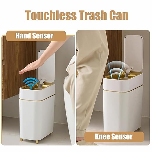 Yatmung 2-Pack - Automatic Compact Trash Can with Touchless Lid Smart Garbage Can - Waste Basket for Bathroom Bedroom Laundry Room Small Spaces - Motion Sensor Trash Bin - White with Gold Edge