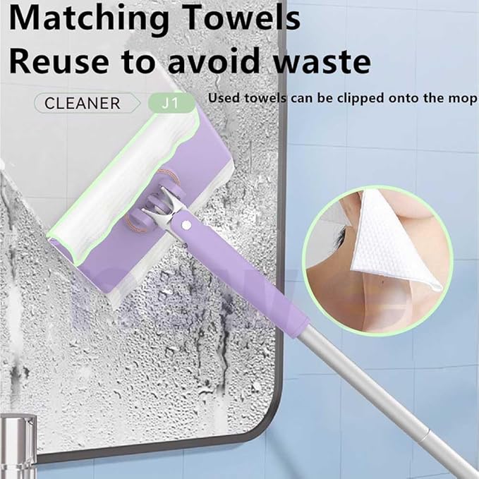 Automatic Cloth Changing Mini Mop - Reusable Rotating Mop for Easy Cleaning in Small Spaces-Compact Automatic Mop with Reusable Cloths-Ideal for Quick Cleanups (White+Purple93cm/36.6in)