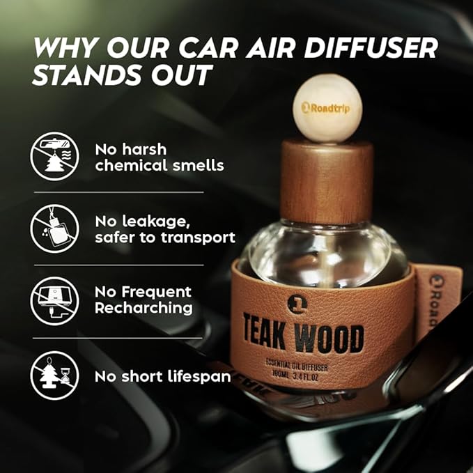 Car Air Freshener - Long Lasting Essential Oil Diffuser - Aromatherapy Accessories for Men &amp Women - Valentines Day Gifts for Him - Teakwood Car Scent Diffuser 3.38 FL OZ/100ML