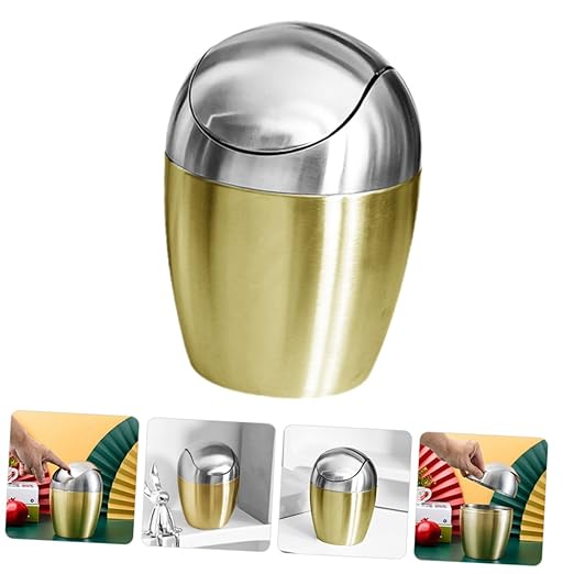 Cabilock Portable Mini Desk Trash Can with Lid Gold Countertop Garbage Bin for Office and Bedroom Sturdy Household Tabletop Wastebasket Decorative Small Desktop Storage Bucket