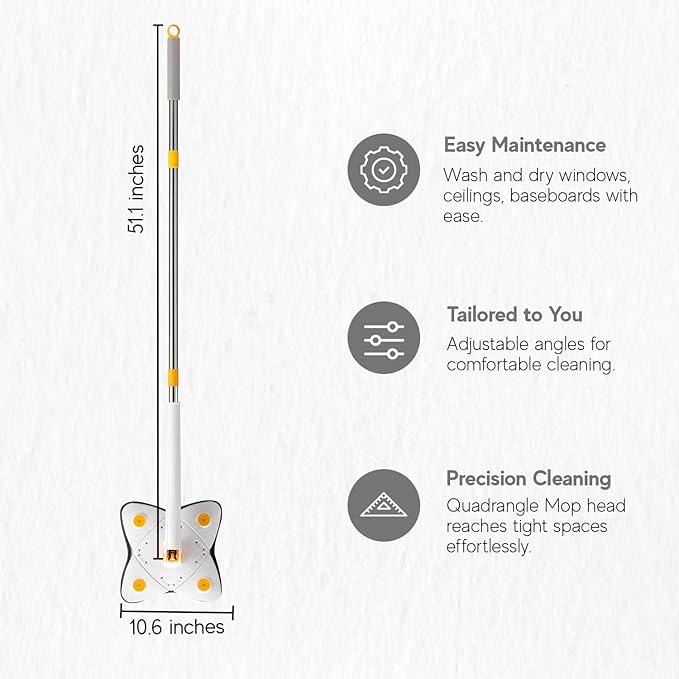 Magic Mop w/ Adjustable Long Handle and 2 Replacement Pads 360° Rotatable Multi Purpose Cleaning Mop (White)