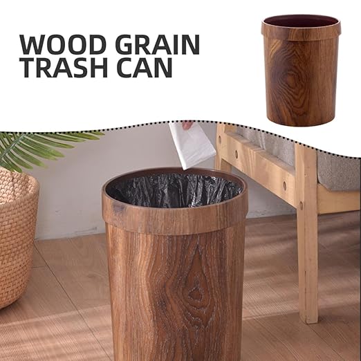 Wood Grain Trash Bin 14L Vintage Round Garbage Can with Press Ring for Hotel Rooms Bedroom Office and Bathroom Wastebasket