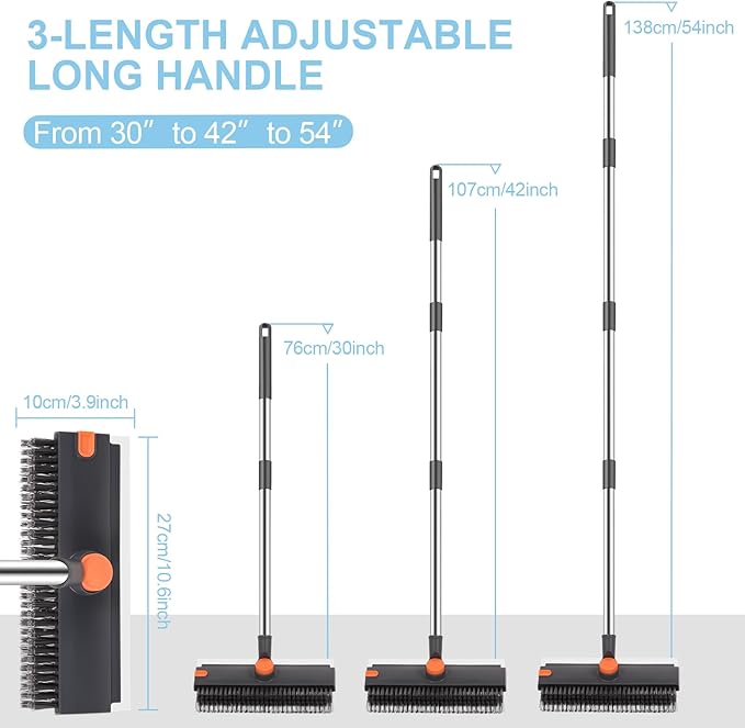Floor Scrub V Brush with Long Handle 4 in 1 Silicone Scrape and Stiff Bristle Scrubber 360° Cleaning Brush with Tweezers for Shower Bathroom Patio Garage Kitchen Wall and Deck