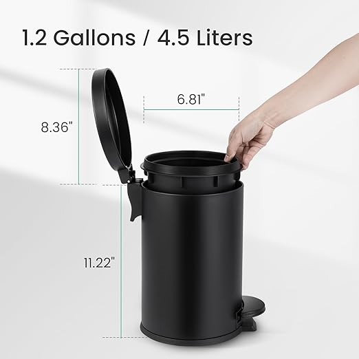 Cesun 1.2 Gallons Small Black Trash Can Bathroom Garbage Can with Lid and Foot Pedal Mini Round Wastebasket for Bathroom Bedroom Office 4.5 Liters / 1.2 Gallons Matte Black