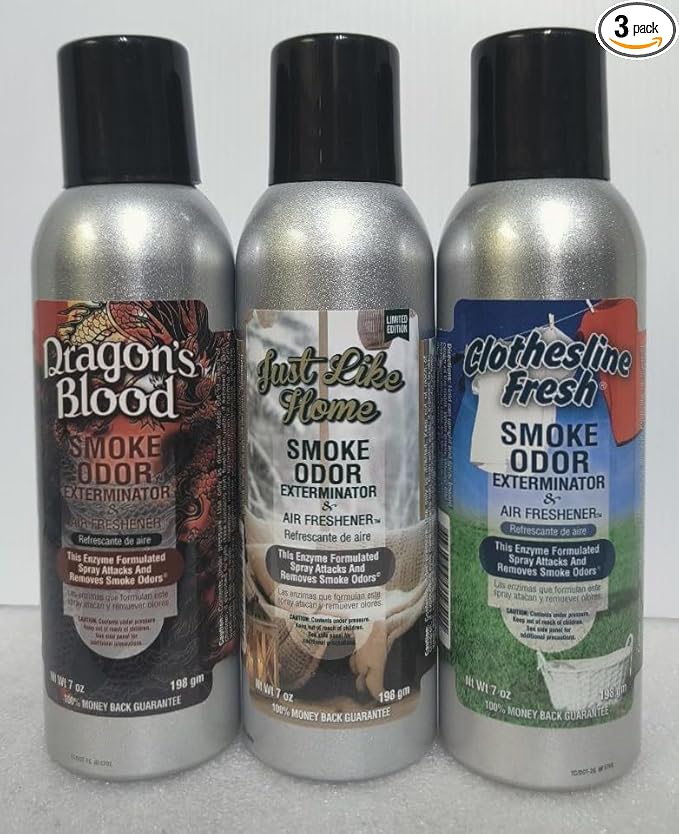 Smoke Odor Exterminator 198 gm/ 7 oz Large Spray Dragon's Blood Assorted Set of Three Spray Cans. (3) Includes Dragons Blood Just Like Home &amp Clothesline Fresh.