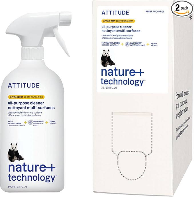 Bundle of ATTITUDE Multipurpose Spray Cleaner Efficient Multi-Surface Plant &amp Mineral-based Formula Vegan and Cruelty-Free Citrus Zest 27.1 Fl Oz + Bulk Refill 67.6 Fl Oz