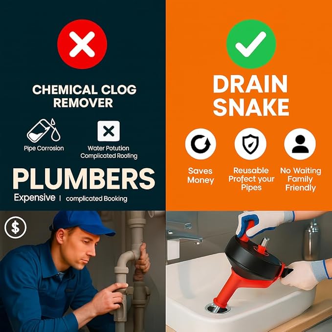 50 FT Drain Snake Hair Drain Clog Remover Manual Or Powered Plumbing Snake With Drill AdapteUnclog Sink Drain Tool Drain Auger for Toilet、Shower、Kitchen、Sink No Auto Retract Or Feed Red