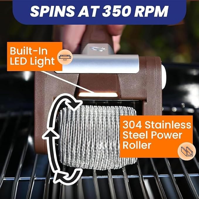 Cordless Rechargeable BBQ Tool Electric Grill Cleaner with 350 RPM Stainless Steel Roller 304 Food-Grade Power Nozzles Preheating for Effortless Cleaning