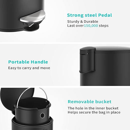 mVm Bathroom Trash Can3.2 Gallon/12 Lliter Step Round Trash Can with Lid and Foot PedalSoft-Close.Stainless Steel Garbage Can for BathroomBedroomOfficeLiving Room (Matte Black)