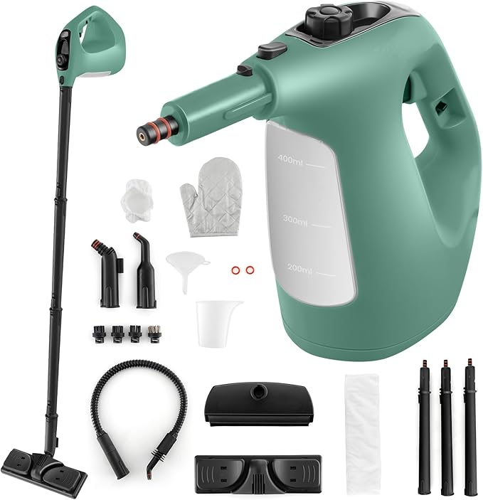 Goplus Multipurpose Handheld Steam Cleaner Pressurized Steam Cleaner w/ 17 Pieces Accessory Set 350ml Portable All Natural Chemical-Free Steamer for Home Sofa Upholstery Floor Window Kitchen (Green)
