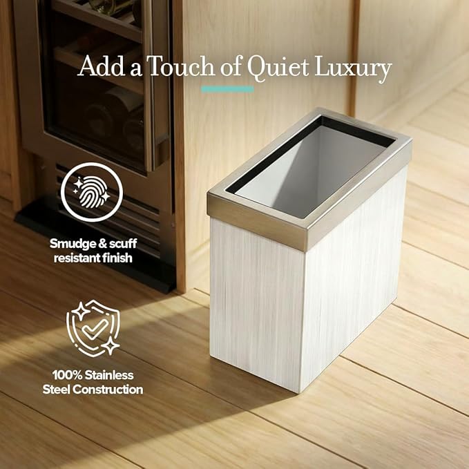 Gatco Small Bathroom Trash Can with Lid Rectangle 3 Gallon Wastebasket Under Sink White Oak with Satin Nickel for Bathroom Bedroom Office (1943SN)