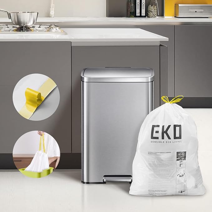 EKO 13 Gallon / 40-60 LiterDrawstring Trash BagsExtra-Strong Unscented Garbage BagsEasy-Dispense Roll for Kitchen &amp Household UseLeak-ResistantCode FWhite60 Count (Pack of 6)