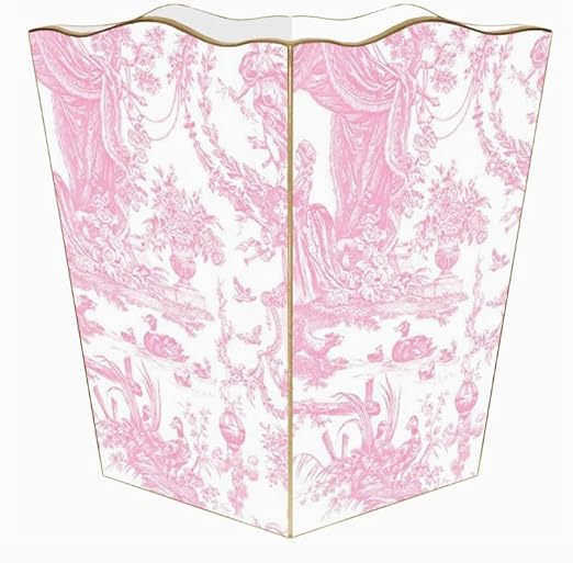 Metr Marye-Kelley Pink Toile Wooden Wastepaper Basket 12 Tall Gold Trim Scalloped Top