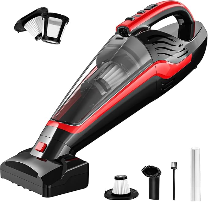 Pet Hair Handheld Vacuum Cordless Car Vacuum Rechargeable with Reusable Filters Motorized Brush and Multi-Accessories for Carpet Couch &amp Stairs Red 17.0X 4.6X 6.6