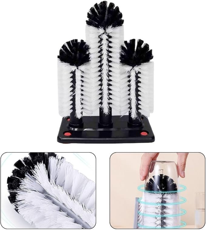 Bar Glass Cleaner for Sink with 3 Head Bristle Brush and Suction-Base Plastic Cup Washer for Kitchen or Bar Use