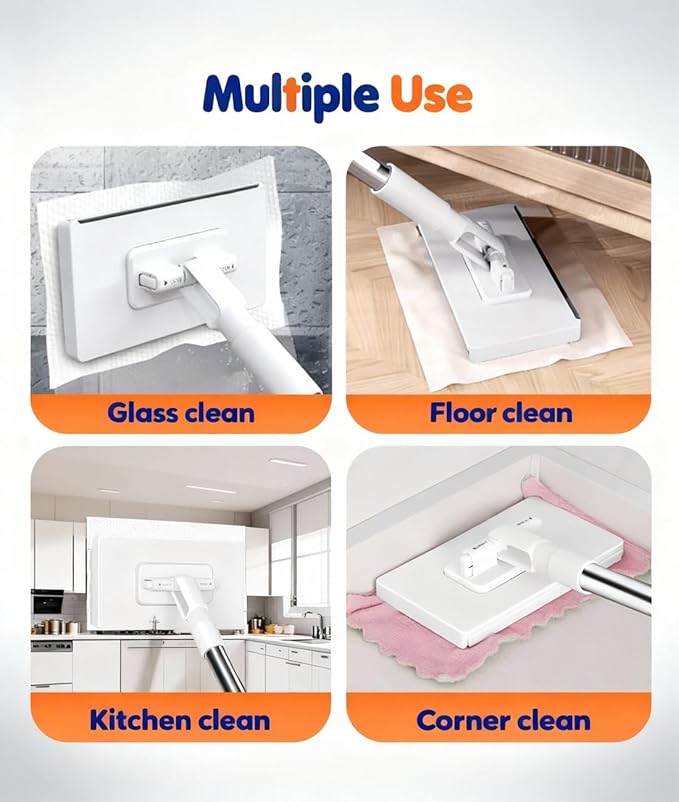 Disposable Dust Mop 28/36in No Wash Lazy Mop Wet and Dry Snap Grip Mini Mop 360° Zero Touch Mini Mops Convenient Automatic Cloth Changing Mops with 5 Reusable Cloths for Home (White 28in)