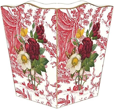 Marye-Kelley-Four Flowers on Red Toile Wastepaper Basket Decoupage Wood Decorative Wastebasket for Kitchen Bathroom Bedroom Living Room Handmade Made in The USA