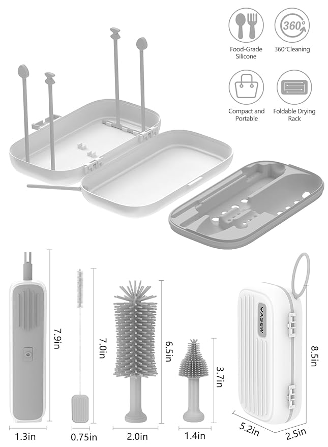 Electric Bottle Brush Cleaner Baby Bottle Brush Travel Set 360° Efficient Cleaning 2000 mAh Battery Travel Bottle Brush Set with Drainage Rack and Storage Box Baby Travel Essential Grey