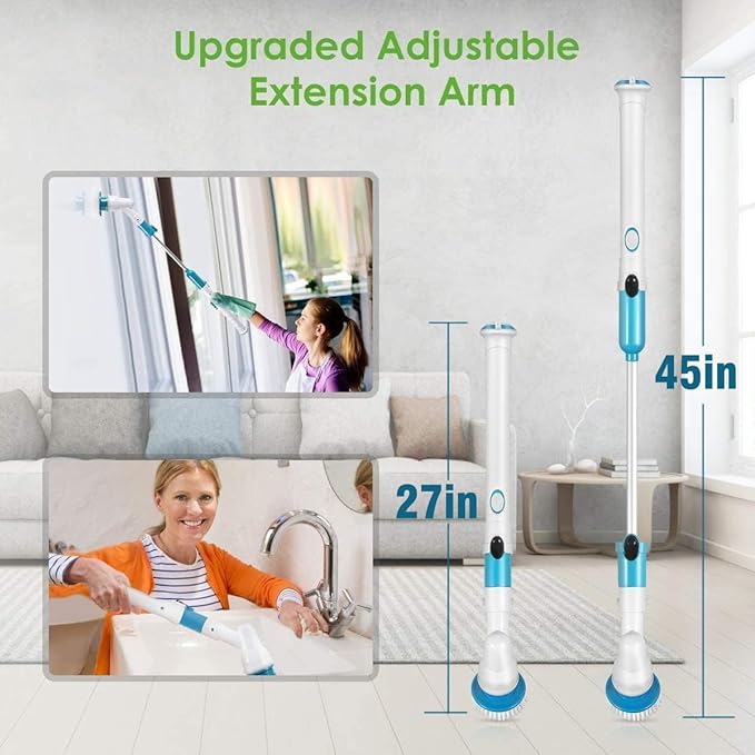 Electric Spin Scrubber360 Cordless Tub and Tile ScrubberMulti-Purpose Power Surface Cleaner with 3 Replaceable Cleaning Scrubber Brush HeadsExtension Handle Shower Scrubber for Bathroom Floor Tile