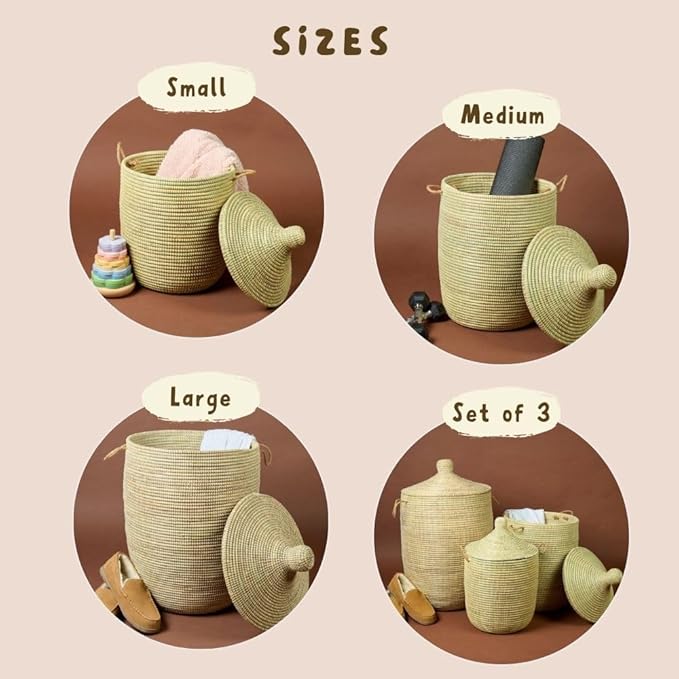 Small Natural Beige Decorative Woven Wicker Basket Hamper - Organize Laundry Toys Blankets Pillows Clothes Towels - Storage Bins for Home Baby Nursery Living Room Bedroom Bathroom