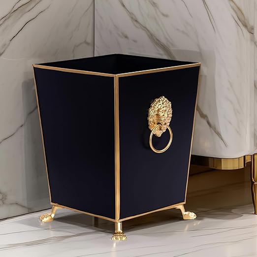 Jaye's Studio Decorative Black Bathroom Trash Can No Lid with Gold Trim Black Metal Trash Can Farmhouse Waste Basket for Dorm Room Bedroom Home Office Square Waste Bin No Lid Lion Head Accent
