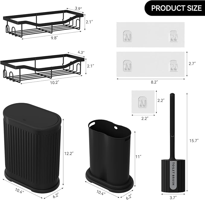 Small Bathroom Trash Can with Toilet Brush 1.6 Gallon Black Stainless Steel Garbage Can with LidSlim Wastebasket with Shower Caddy for Bathroom Bedroom