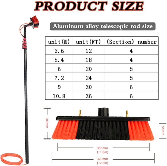 Window Cleaning PoleWindow Cleaning KitWater Fed Pole Window Cleaning System12-36ft Telescopic Solar Panel Cleaning Brushes Rod3.6m/12FT