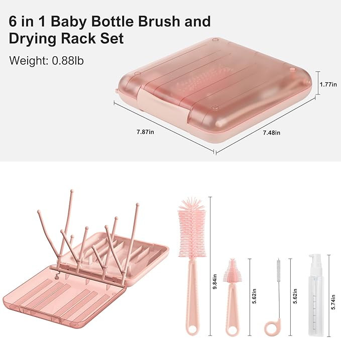 6 in 1 Bottle Cleaning Brush Set with Silicone Bottle Brush Nipple Brush Straw Brush Soap Dispenser Drying Rack for Baby Bottle and Water Bottle Space Saving Baby Essentials for Home and Travel