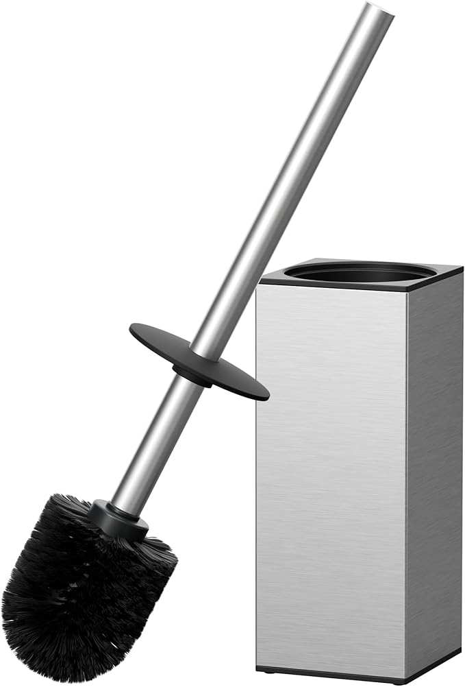 FORIOUS Toilet Brush and Holder Set Heavy Duty 304 Stainless Steel Base Square and Long Handle for Bathroom Deep Cleaning Drip-Proof Space Saving for Storage 2 Toilet Bowl Brush Head