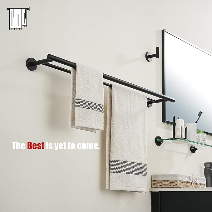 JQK Double Bath Towel Bar Matte Black 33 Inch 304 Stainless Steel Thicken 0.8mm Towel Rack for Bathroom Towel Holder Wall Mount Useable Length 30 Inch 2 Pack TB100L30-PB-P2