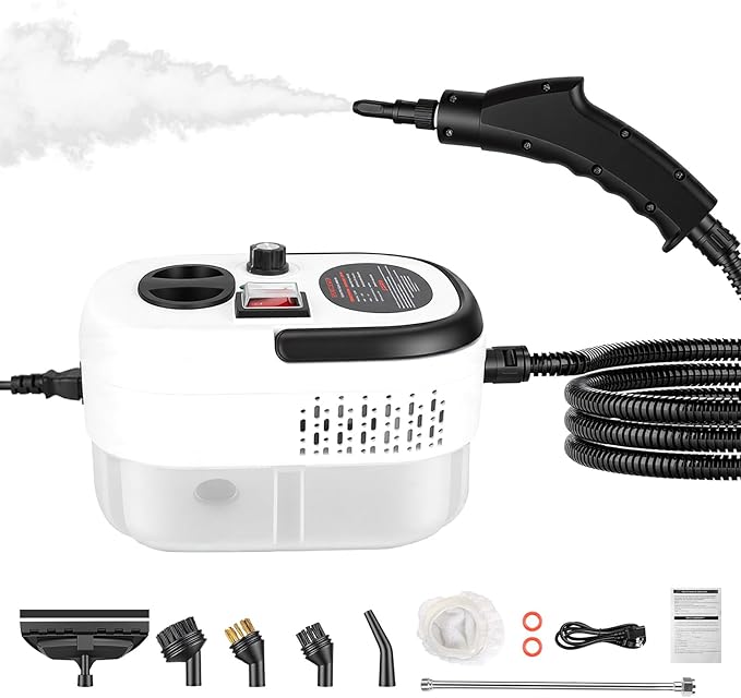 Handheld Steam Cleaner 2500W Portable Steamer with 6.56FT Long Hose 6-Level Adjustable 15s Heat-Up 1.2L Large Tank Multi-Purpose Steamer for Home Car Bathroom Grease (White)