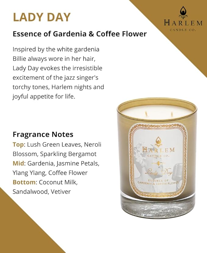 HARLEM CANDLE CO. Lady Day - Luxury Scented Soy Candle 11 oz - 80-Hour Burn Time | Gardenia Jasmine Lush Green Leaves Neroli Blossom and Coconut Milk | Scented Candles for Home