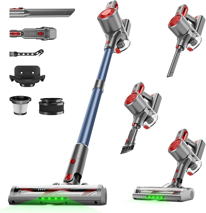 Cordless Vacuum Cleaner Powerful Stick Vacuum with Green Light Anti-Tangle Brush Removable Battery 6-in-1 Lightweight Handheld for Pet Hair Carpet &amp Hard Floors Red