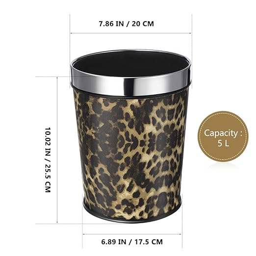 Bathroom Trash Can Recycling Bin Leopard Print Round Waste Basket Office Garbage Can Stainless Steel Trash Container 5L