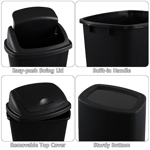 Yuright 4-Pack 13 Gallon Garbage Can with Swing Lid Plastic Kitchen Trash Can Black