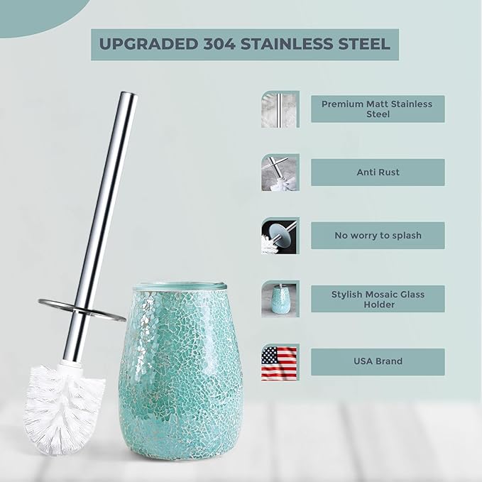 Escenzy Turquoise Green Toilet Brush and Holder Set Mosaic Glass | Non-Rustic Stainless Steel | Practical &amp Decorative Toilet Bowl Brush and Holder | Luxury Green Bathroom Accessories