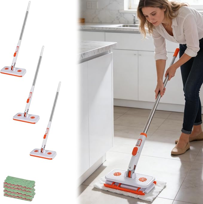 Mini Mop Set with Locking Head &amp Snap Grip | Reusable Washable Pads for Wet or Dry Dusting | Clean Under Furniture Corners Baseboards &amp Multi-Surface Floors (3PC-Orange)
