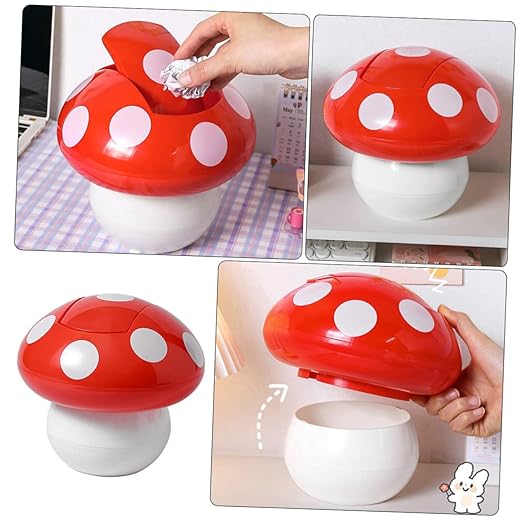 Luxshiny 2Pcs Cute Mushroom Desktop Trash Can Litter Bin with Lid Space Saving Wastebasket for Office Kitchen Bedroom Easy to Clean No Odor Home Decor