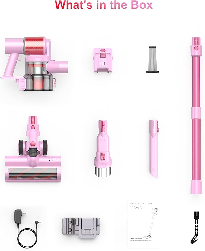 Pink Cordless Vacuum Cleaner 45Kpa/550W/60 Mins Runtime Stick Vacuum with Self-Standing and Touch Screen Anti-Tangle Wireless Vacumm Vacuum Cleaners for Home/Pet Hair/Carpets/Floors