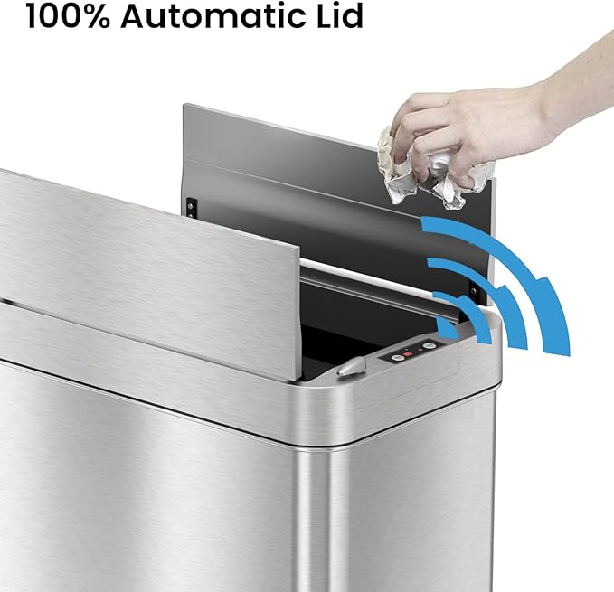 iTouchless 50 Liter / 13 Gallon Wings-Open Lid Sensor Kitchen Trash Can with Odor Filter – Dog-Proof Slim Automatic Stainless Steel Garbage Recycling Bin for Home Office Bedroom Business or Garage