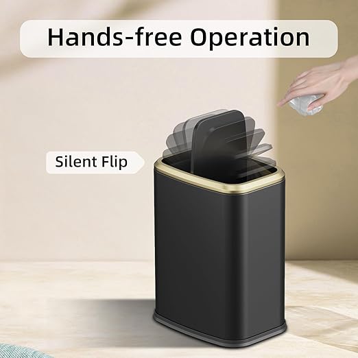 8L/2.1 Gallon Small Bathroom Trash Can with Lid Swing-Top Rectangular Waste Bin Stainless Steel Garbage Can for Home Office Toilet Bedroom Living-Room (Black)