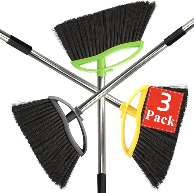 3 Pack Soft Bristle Angle Broom for Floors - Wide Indoor Heavy Duty Broom with 38-53.5 Adjustable Handle Kitchen &amp Restaurant Use for Hardwood Porch (Gray Yellow Green)